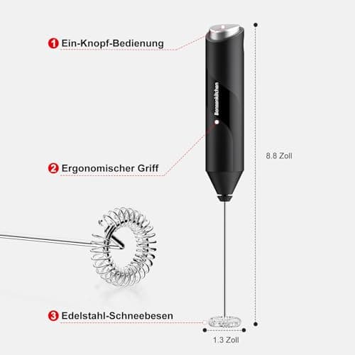 Bonsenkitchen Elektrische Milchaufschäumer für Kaffeeliebhaber - Latte Macchiato & Cappuccino - Handheld Stab - Batterie