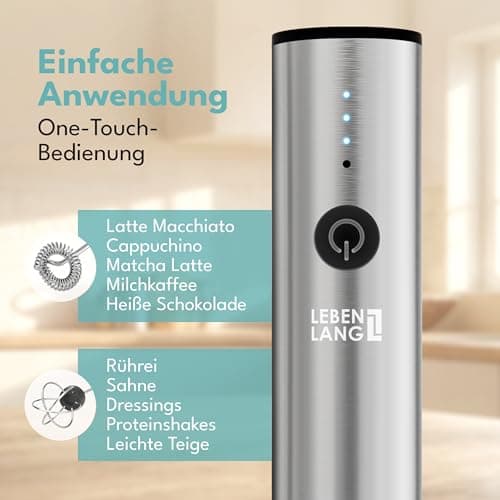 LEBENLANG Elektrischer Milchaufschäumer Stab wiederaufladbar mit USB-Anschluss & Extra Rührbesen