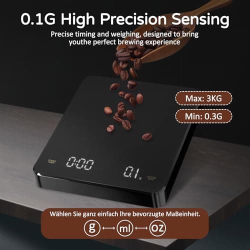 Ideal mini Wassermittelfreie Kaffeewaage mit Timer für Reisen & Outdoor 3kg/0.1g USB-C wiederaufladbar