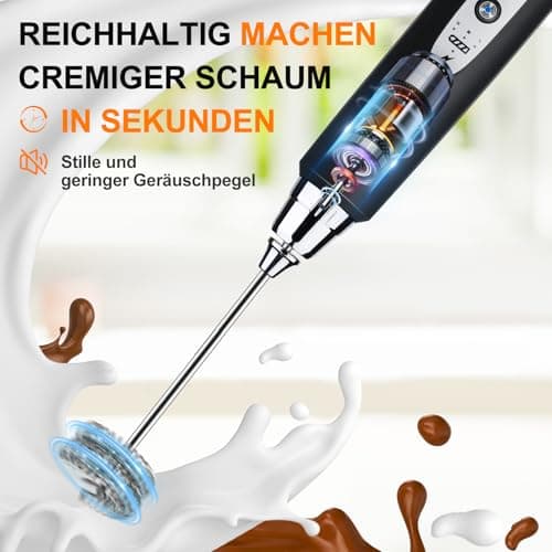 YUSWKO Schwarz Milchaufschäumer Stab Elektrisch für Kaffee und Getränke mit 3 Schneebesen-Köpfe und 3 Geschwindigkeiten