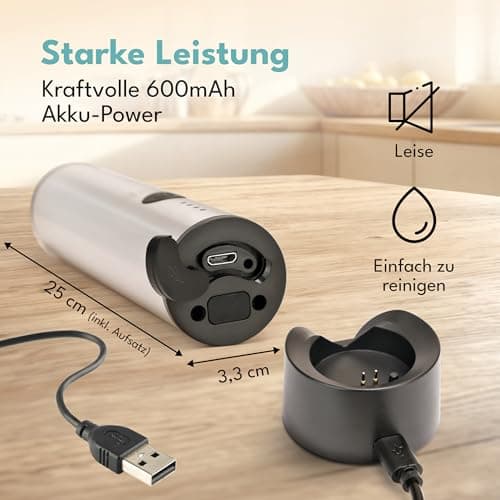 LEBENLANG Elektrischer Milchaufschäumer Stab wiederaufladbar mit USB-Anschluss & Extra Rührbesen