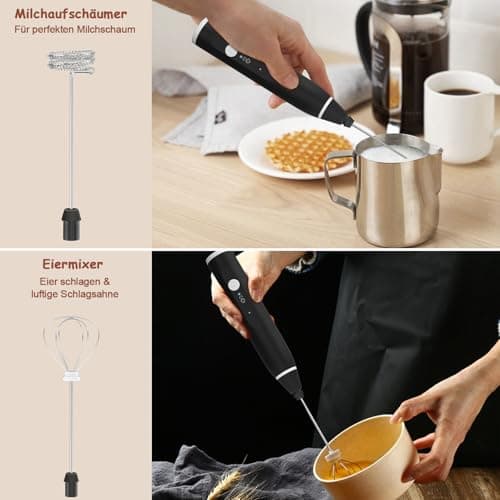 FITNATE Elektrischer Milchaufschäumer für Kaffee und Latte Artig mit 3 Stufen und Edelstahl Schneebesen, 12V aufladbare