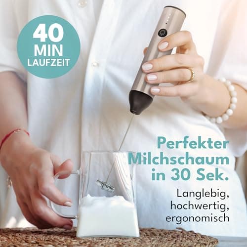 LEBENLANG Elektrischer Milchaufschäumer Stab wiederaufladbar mit USB-Anschluss & Extra Rührbesen