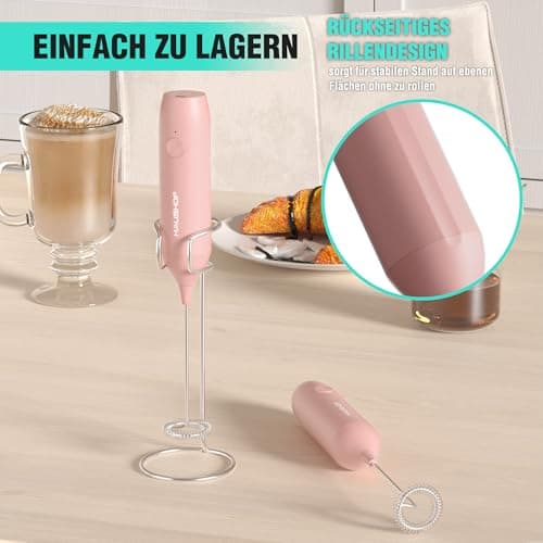 HAUSHOF Milchaufschäumer Stab Rosa - Einfach für Kaffee und Cappuccino, ideal für Hausgebrauch, mit Edelstahl Schneebese