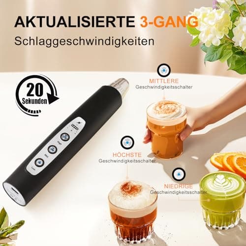 YUSWKO Schwarz Milchaufschäumer Stab Elektrisch für Kaffee und Getränke mit 3 Schneebesen-Köpfe und 3 Geschwindigkeiten