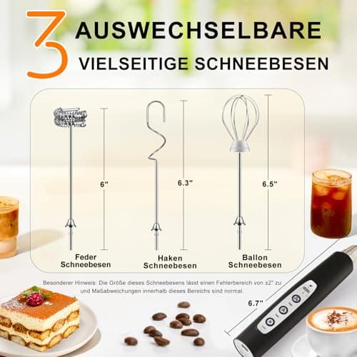 YUSWKO Schwarz Milchaufschäumer Stab Elektrisch für Kaffee und Getränke mit 3 Schneebesen-Köpfe und 3 Geschwindigkeiten