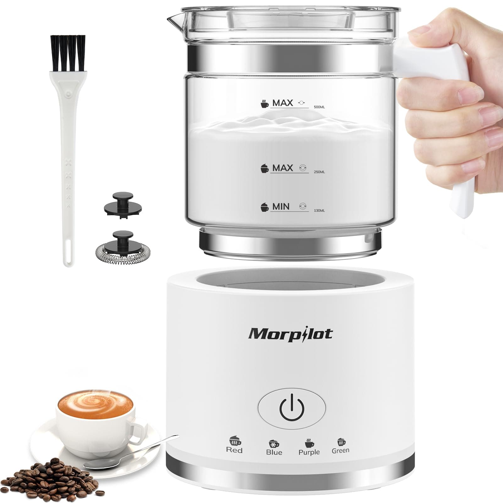 Morpilot Elektrischer Milchaufschäumer 500ml 600W, 4 in 1 für Heißer und Kalter, Spülmaschinenfest, Visuelles Glas, Latt