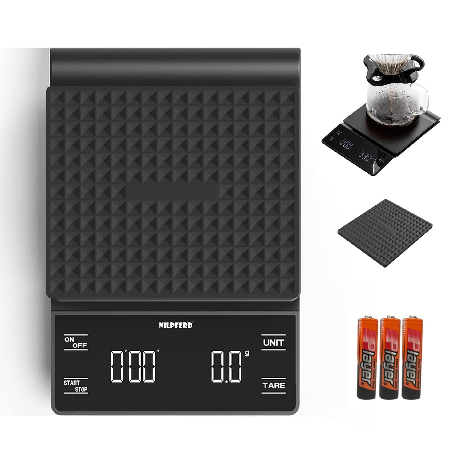 Nilpferd Digitale Kaffeewaage mit Timer - hohe Präzision 0,1g/3 kg,.LED-Touchscreen, Für Kaffeeliebhaber, Haushaltswarte