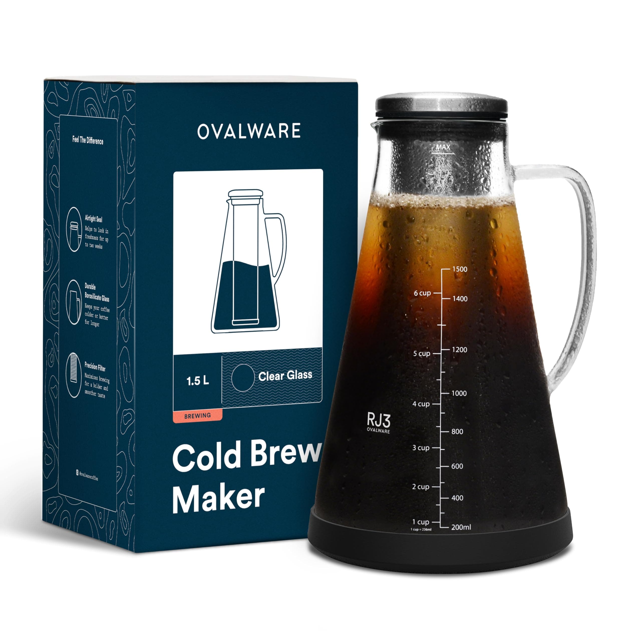 Ovalware Cold Brew Coffee Maker - Luftdichte Kaffeemaschine und Teesieb für kalten Kaffee (1.5 Liter)